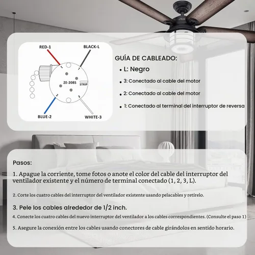 Vista 3 de Interruptor de ventilador de techo con 4 cables preinstalados de 3 velocidades y 4 cables, ZE-208s Zing Ear E89885, cadena de tracción de Negro