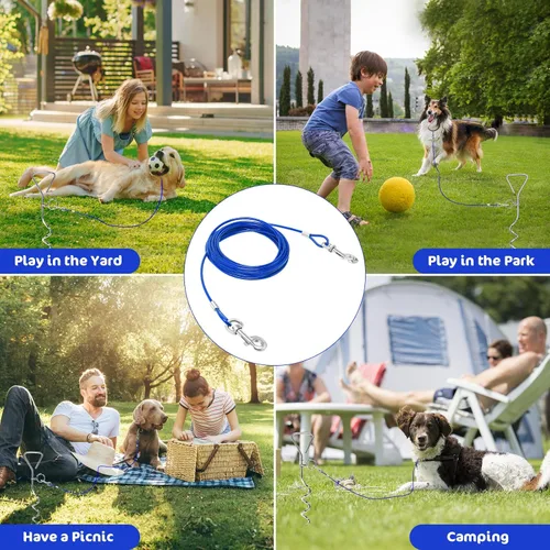 Vista 5 de Relux Cable y estaca de amarre para perros, estaca en espiral resistente de 16 pulgadas para perros pequeños a medianos (azul-16 pies, 2 unidades)
