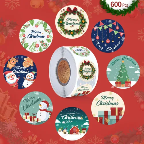 Vista 2 de 600 piezas de pegatinas para sobres de Navidad, pegatinas redondas de 3.8 cm de Navidad Feliz, 8 diseños de invierno de Navidad, pegatinas
