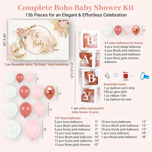 Vista 3 de Vidal Crafts - Juego de 136 decoraciones bohemias de baby shower rosa para niña, juego de decoraciones de baby shower con letrero de Oh Baby