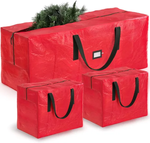 Vista 9 de ZOBER Bolsa de almacenamiento para árbol de Navidad, para árboles artificiales, bolsa de guirnalda, (juego de 3 piezas), material impermeable Rojo