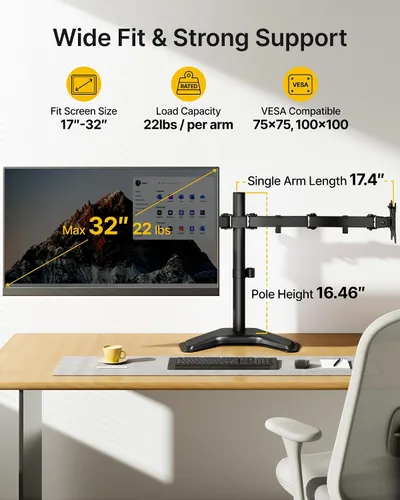 Vista 2 de MonTEK - Soporte independiente para monitor doble para pantallas de 17 a 32 pulgadas, 22 libras cada una Solid V-shaped base, dual-screen