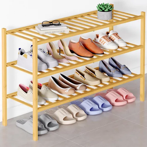 Vista 47 de Smiry Zapatero de bambú para armario, organizador de zapatos de madera de 3 niveles, estante apilable de almacenamiento de zapatos de madera