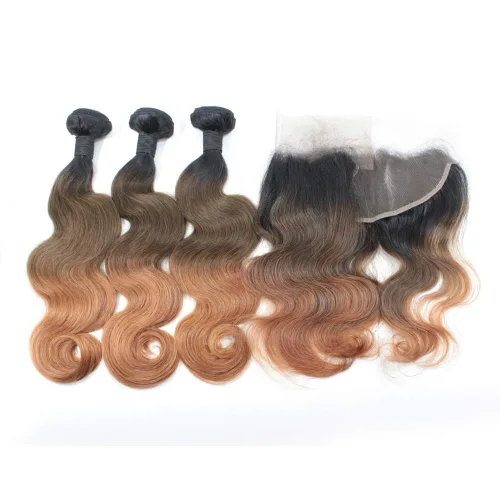 Vista 5 de 1B/27 rubio ombre brasileño virgen paquetes con cierres 4pcs lote cuerpo onda 12 con 10 pulgadas ombre encaje cierre con teje pelo