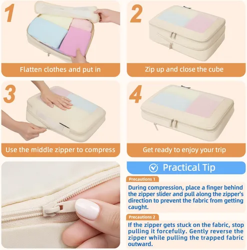 Vista 4 de BAGAIL 4 juegos/6 juegos/8 cubos de compresión para embalaje, accesorios de viaje, organizadores de embalaje expandibles (malla cuadrada, 06-beige)