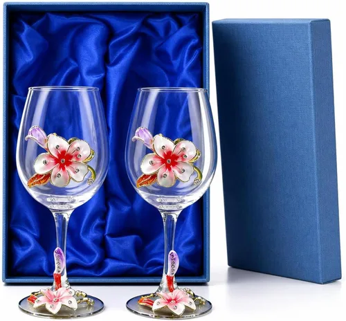 Vista 9 de Copas de vino transparentes hechas a mano, copas de vino tinto, juego de 2 Copas florales esmaltadas en azul, diseño artesanal, juego de 2