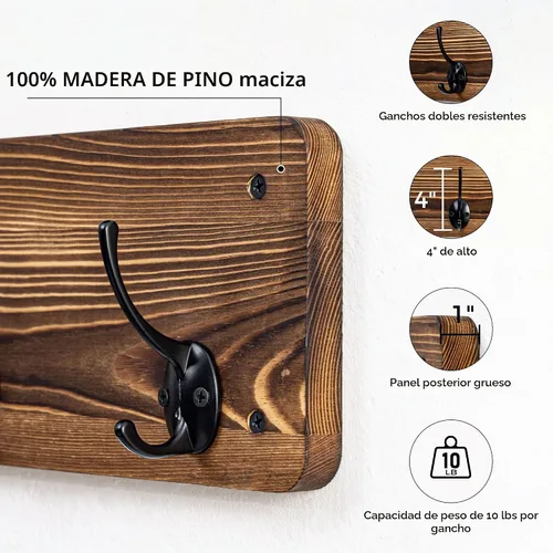 Vista 4 de Perchero de pared de 29.5 pulgadas de ancho con estante, estante de pasillo con 12 ganchos para abrigos, perchas para pared, perchero para clavijas
