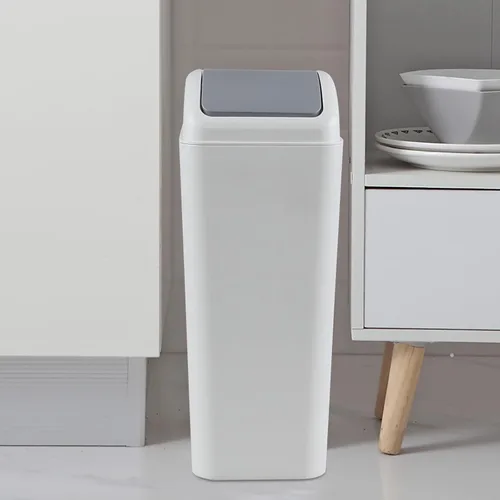 Vista 4 de Bote de basura de 3 galones con tapa, cubo de basura de plástico con tapa abatible (gris) Slim Swing-Top Waste Bin, Narrow Rectangular Body