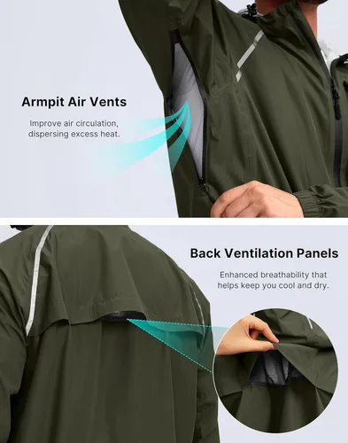Vista 4 de Bikewa - Chaqueta de lluvia para hombre, impermeable, para ciclismo, con capucha, ligera, plegable, cortavientos para bicicleta, chaqueta de running