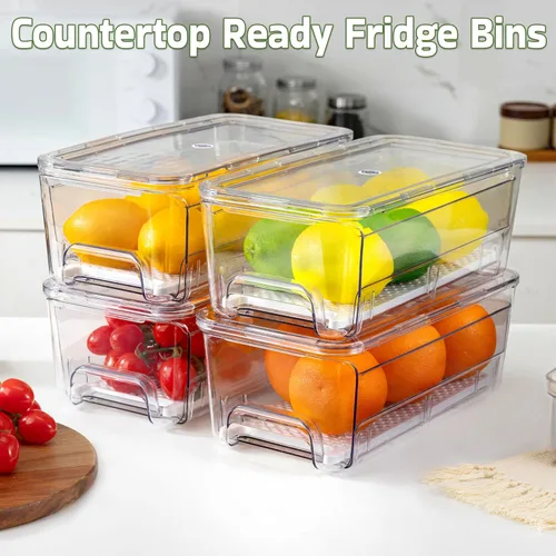 Vista 4 de Cajones organizadores grandes para refrigerador, paquete de 4 cubos organizadores transparentes extraíbles para refrigerador, contenedores apilables