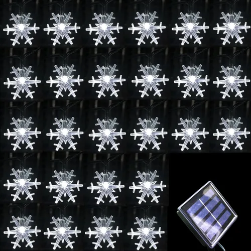 Vista 11 de Luces solares de Navidad para exteriores, impermeables, decoraciones de 20 pies, 30 luces LED de copo de nieve con 8 modos de iluminación
