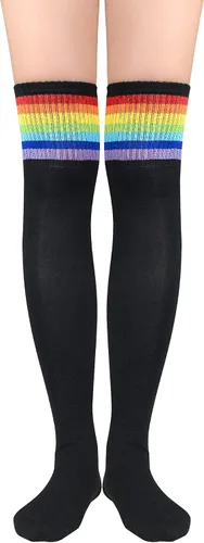 Vista 2 de Calcetines altos hasta el muslo para mujer, calcetines a rayas por encima de la rodilla, calcetines deportivos suaves y cálidos