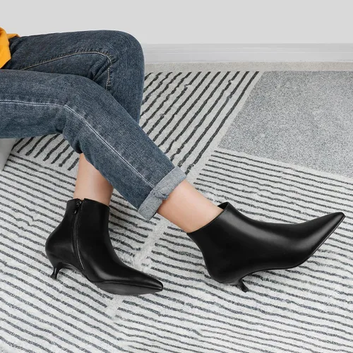 Vista 7 de MERUMOTE Botines de cuero para mujer, zapatos de tacón bajo, botines de invierno con cremallera