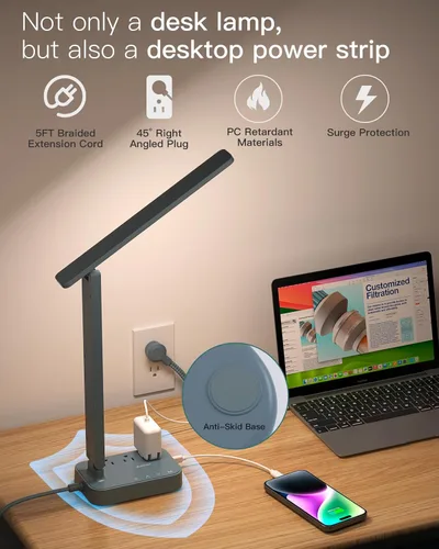 Vista 5 de Addtam Lámpara LED de escritorio, tira de alimentación con 3 tomas, 4 puertos de carga USB (2 USBC), 4 modos, lámpara táctil de 5 niveles de brillo