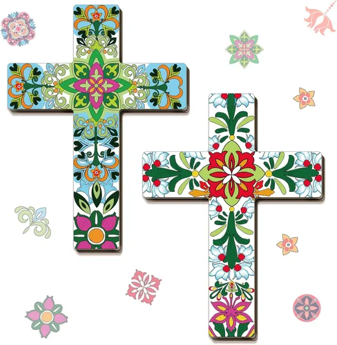 Vista 10 de Pinkunn 2 piezas de decoración de pared con cruz floral mexicana, arte de pared mexicano pintado a mano, decorativo, inspirador, cruz floral