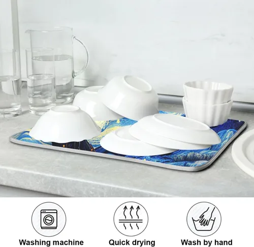 Vista 7 de Vnurnrn Tapete de secado nocturno de platos estilo Van Gogh para encimera de cocina, tapete escurridor de platos de microfibra, absorbente de secado
