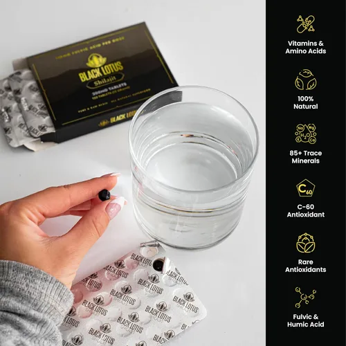 Vista 3 de Black Lotus Shilajit Tabletas de resina, 60 unidades, 200 mg cada uno, 100% Shilajit natural puro para hombres y mujeres con aminoácidos, 140 mg