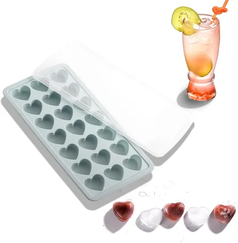Vista 8 de Bandeja de cubitos de hielo en forma de corazón, molde de silicona de 21 agujeros con tapa extraíble flexible para whisky cóctel chocolate Azul