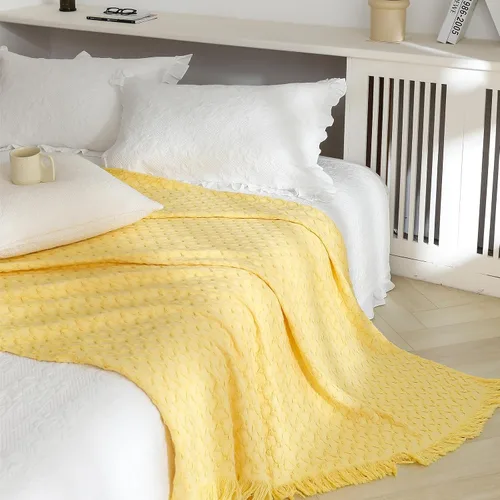 Vista 16 de Simple&Opulence Manta 100% algodón para sofá, cama, manta de punto gofre con borlas, suave, ligera, prelavada, transpirable, cómoda, decoración
