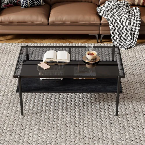 Vista 3 de Mesa de centro moderna rectangular con tapa de vidrio templado con estante de madera para el hogar, sala de estar, oficina, tienda o dormitorio