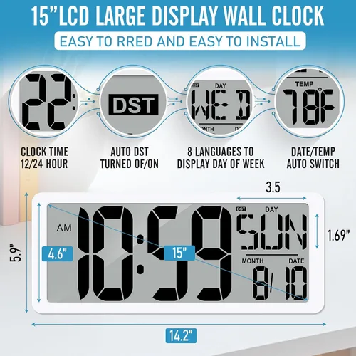 Vista 2 de Reloj de pared digital grande de 15 pulgadas con temporizador, pantalla de 8 idiomas para días de semana, temperatura y fecha, 3 alarmas