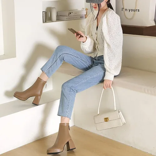 Vista 6 de RiceelSor Botines de tacón alto grueso para mujer, con cremallera lateral, punta cuadrada, impermeables, cómodas, con soporte de arco para oficina