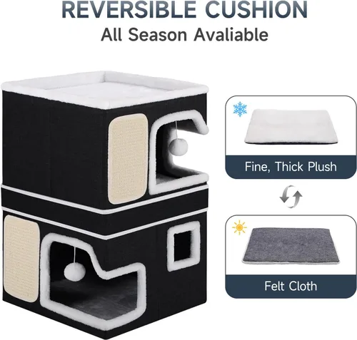 Vista 6 de Camas dobles para gatos de interior, casa para gatos de 2 pisos con grandes y acogedores escondites, cubo cueva de doble propósito con almohadillas