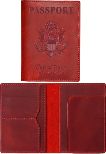 Vista 23 de HIFA Funda de cuero para pasaporte, funda para pasaporte hecha a mano con ranura para tarjetas y boletos, piel auténtica, diseño elegante, fácil