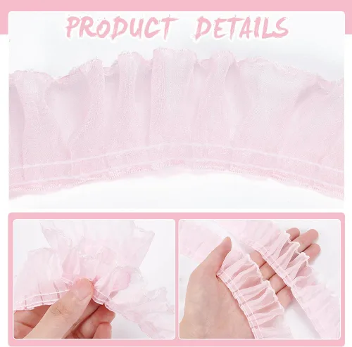 Vista 4 de BENECREAT Cinta de encaje plisada de poliéster de 8 yardas, 1.57 pulgadas de ancho, color rosa con borde blanco, cinta de encaje con volantes