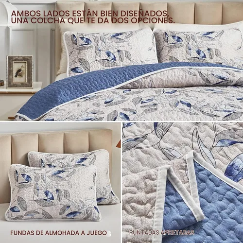 Vista 6 de Joyreap Juego de edredón de microfibra de 2 piezas, hojas azules botánicas sobre gris claro, diseño reversible, funda de cama para todas las Azul