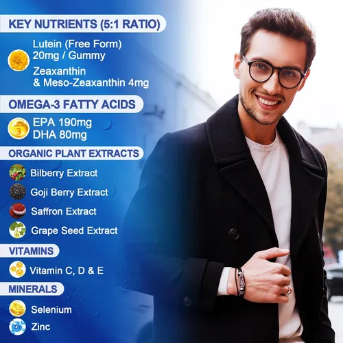 Vista 4 de Luteína 20 mg 40 mg y suplementos de zeaxantina para ojos, gomitas de luteína con Omega 3, azafrán, zinc, arándano y bayas de Goji para apoyo