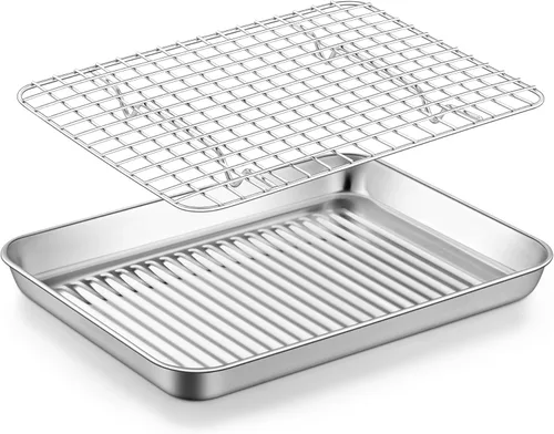 Vista 8 de TeamFar Molde para horno tostador con rejilla de enfriamiento, mini bandeja de acero inoxidable para horno tostador compacto, 9 pulgadas, fondo