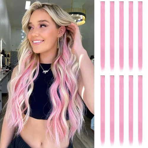 Vista 14 de FESHFEN Juego de 12 extensiones de cabello con clip, color negro, con clip, con purpurina, kit de accesorios coloridos para mujeres, de 20 pulgadas