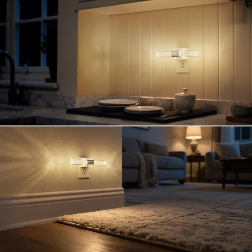 Vista 6 de DORESshop Luz nocturna LED, luces nocturnas giratorias que se enchufan a la pared con sensor de luz automática de 3000 K luz nocturna con brillo
