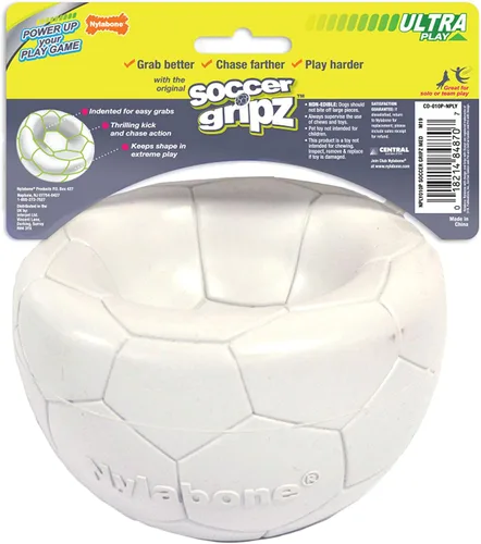 Vista 7 de Nylabone Power Play Gripz Pelota de fútbol de fieltro con cuerda de agarre de goma, pelota con pito para perros, mediana (1 unidad)