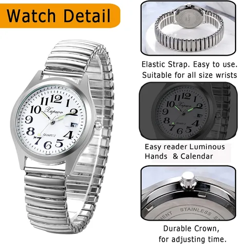Vista 5 de JewelryWe Reloj analógico Easy Reader para mujer, chapado en oro, plata, banda elástica