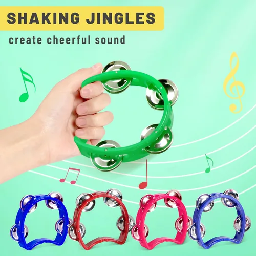 Vista 6 de Pandereta para niños, 2 unidades, instrumentos musicales para niños pequeños a partir de 3 años con 4 jingles de metal, certificado ASTM, no tóxico