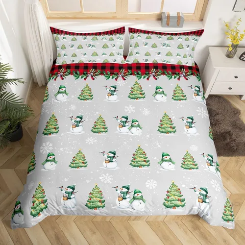 Vista 22 de Juego de ropa de cama de Feliz Navidad, funda de edredón azul con árbol de Navidad para niñas y niños, elegante funda de edredón de copo de nieve