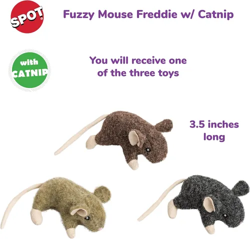Vista 2 de SPOT Fuzzy Mouse Freddie Juguete para Gatos con Hierba Gatera – Ratón de Felpa de 3.5 pulgadas para Gatos y Gatitos, Sonido Crujiente, Ideal