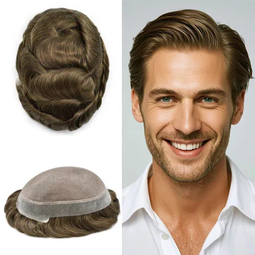 Vista 9 de Monofilamento fino para hombre, sistema de cabello humano Remy, piel de polietileno transparente alrededor del postizo de monofilamento, peluca