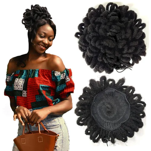 Vista 21 de Abellee 2 moños de Loc para mujeres negras, 8 pulgadas, moño de pétalos de Loc, Afro, cola de caballo alta, cordón de coleta, extensiones de cabello