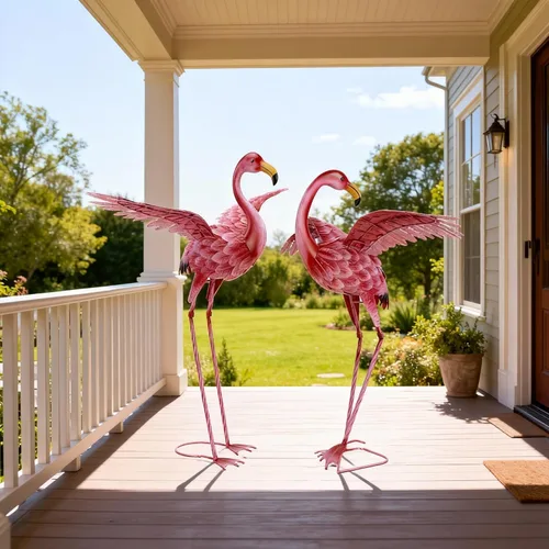 Vista 2 de Natelf Decoraciones de flamenco rosa para patio, estatuas y esculturas de jardín de pájaros altos, adornos de metal para patio al aire libre, juego