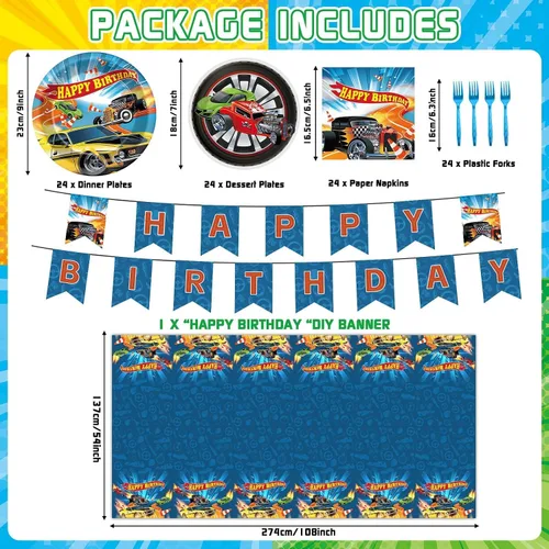 Vista 2 de 98 piezas de suministros de fiesta de cumpleaños de coches de carreras, platos y servilletas de papel rectangular de plástico mantel de carreras