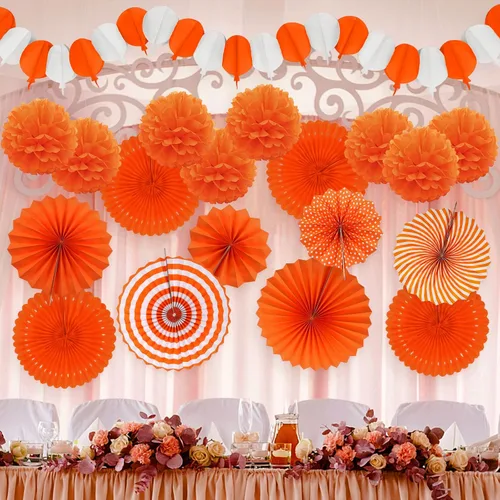 Vista 7 de Decoraciones de fiesta de color naranja, guirnaldas para fanáticos de Papar, pompones para Halloween, cumpleaños, novia, baby shower, boda