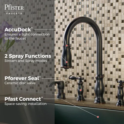 Vista 3 de Pfister Hanover - Grifo de cocina con rociador desplegable y dispensador de jabón, 2 mangos, 4 agujeros, arco alto, acabado en bronce toscano