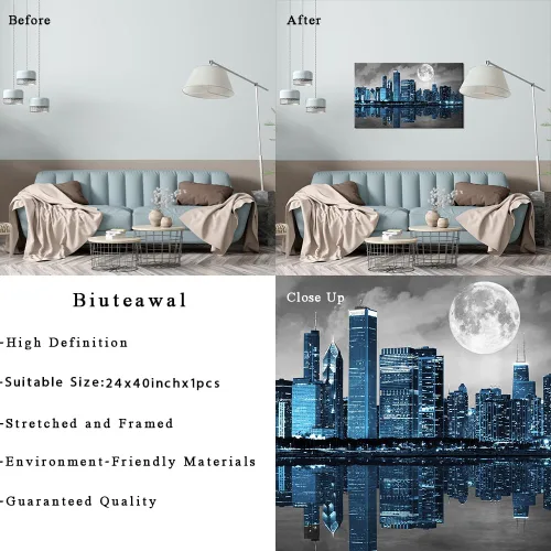 Vista 6 de Biuteawal Arte de pared negro blanco y azul de la ciudad, cuadros de Chicago, decoración de imágenes de luna, noche, paisaje urbano, horizonte