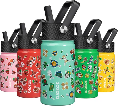 Vista 96 de BJPKPK Botella de agua con tapa con pajilla, botella de agua aislada de 15 onzas, botellas de agua de metal de acero inoxidable, termo reutilizable