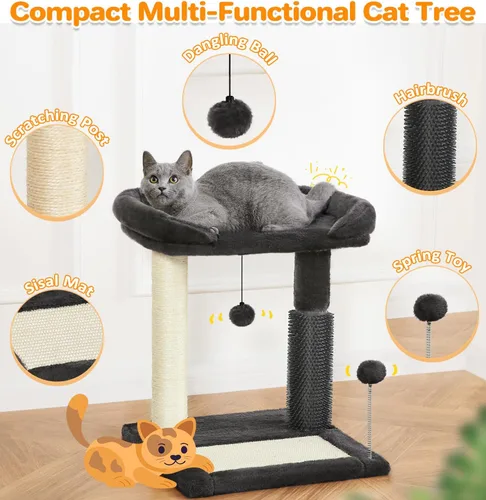 Vista 2 de Made4Pets - Torre de árbol pequeño para gatos, poste rascador para gatos 4 en 1 con cepillo de aseo para gatos, rascador de sisal natural de 20 Gris