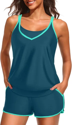 Vista 34 de Traje de baño tankini de dos piezas con control de abdomen y pantalones Bandera estadounidense