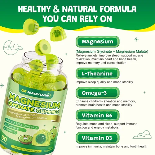 Vista 4 de Gomitas de glicinato de magnesio para niños y adultos, malato de magnesio sin azúcar con L-teanina, omega-3, vitamina D3, B6, B12, C - sueño, calma